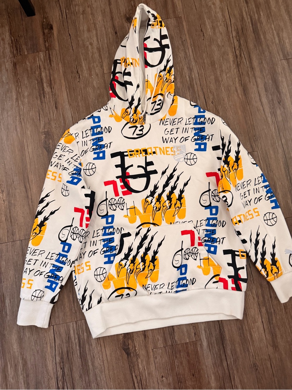 Puma White Hoodie with Yellow, Black & Blue Graphics